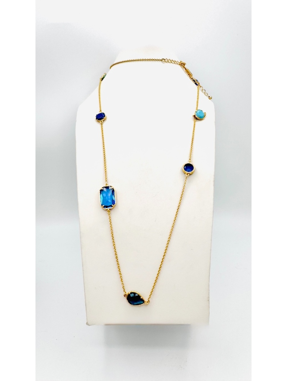 Kate Spade Gold Tone Blue Crystal & Turquoise Bezel Set Scattered Long Necklace